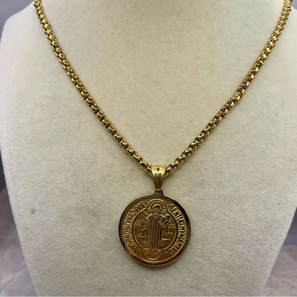 Gold Tone Saint Benedict Pendant Necklace. For Spiritual Protection. 24 inches - Picture 3 of 5